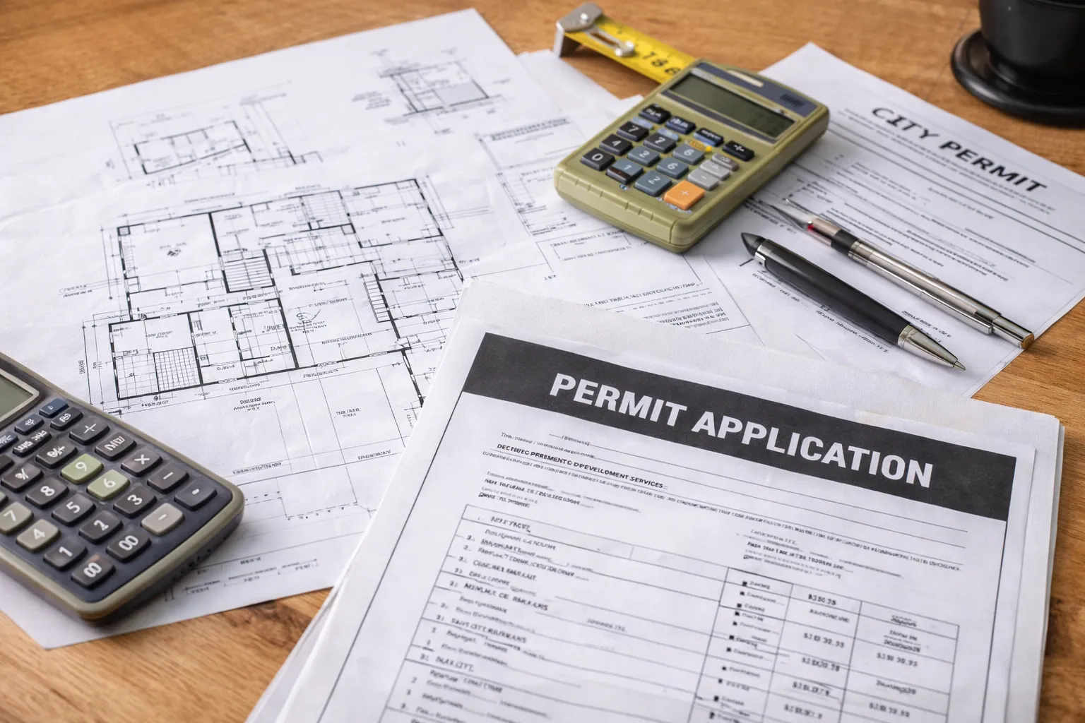 Architectural ADU floor plans, permit documents, and calculator on a table representing planning and permitting for building an ADU in California.